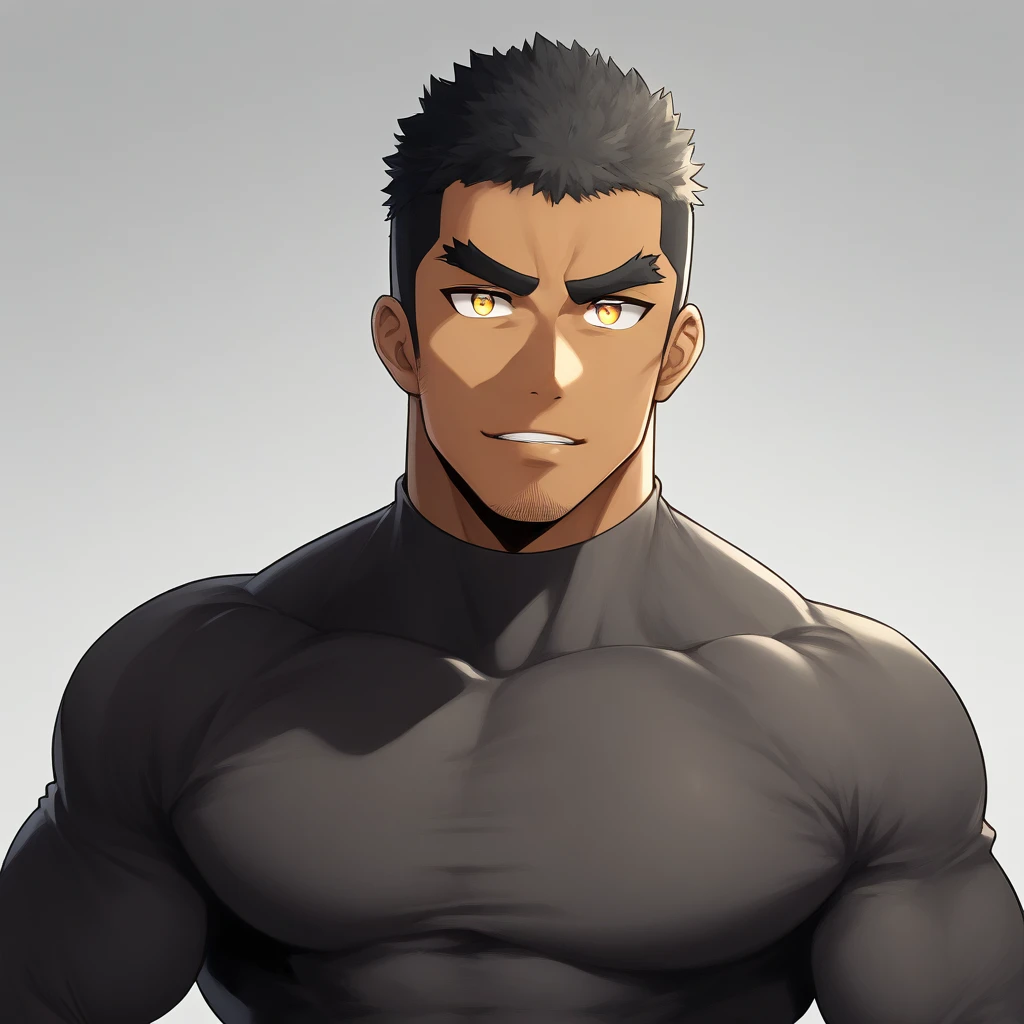 anime characters:, Muscle Sports Student, negro black skin, 1 dark skin muscular tough guy, Manliness, male focus, Light yellow high collar long sleeve tight T-shirt, Slightly transparent material, Very tight, Round, full and perky chest muscles, Slightly transparent, muscular male, muscular, only, Upper body, alone, Black short hair, Thick eyebrows, stubble, Yellow eyes, Grey background, simple background, amazing quality, best aesthetics, Ridiculous, bright pupils, crew cut, parted lips, seductive smile, torogao, naughty face, drop shadow, best quality