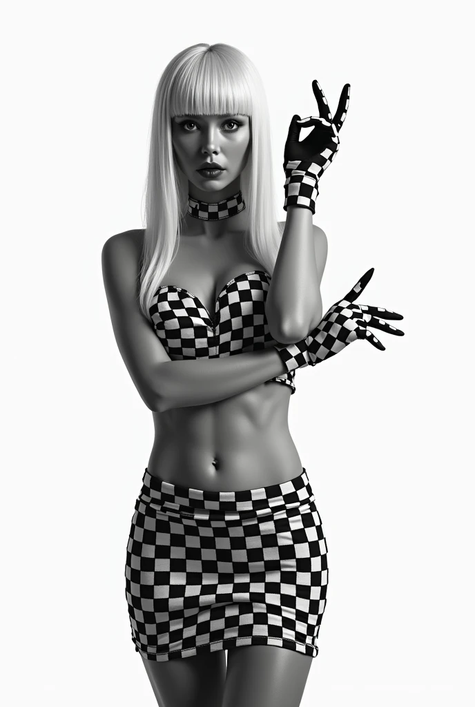 A woman with long straight white hair with bangs,she will wear a black and white checkered crop top,a black and white checked mini skirt and black and white checked gloves,I want the white background,I want her to be beautiful and posing like a model ,make the photo black and white