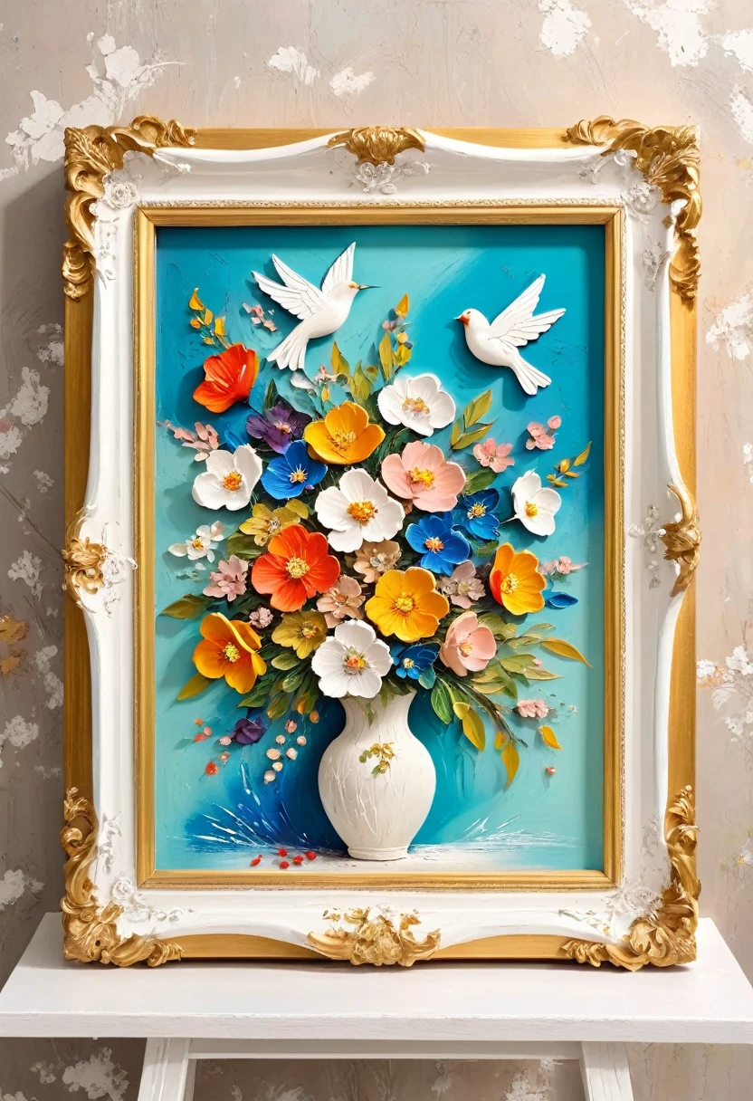 (A painting in a white plaster frame on an easel,Retro):(((Soft tones,Chalk painting,Oil stick painting,flight,Thick coating,Uneven texture,Plaster texture,Graffiti)))。Korean style framed decorative painting,3D Decorating,French style framed bouquet