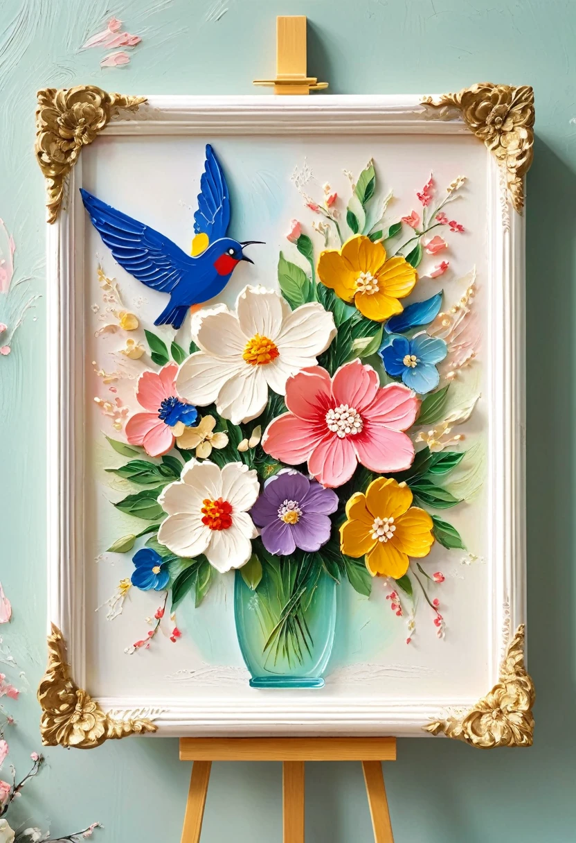(A painting in a white plaster frame on an easel，Retro)：(((Soft tones，Chalk painting，Oil stick painting，flight，Thick coating，Uneven texture，Plaster texture，Graffiti)))。Korean style framed decorative painting，3D Decorating，French style framed bouquet