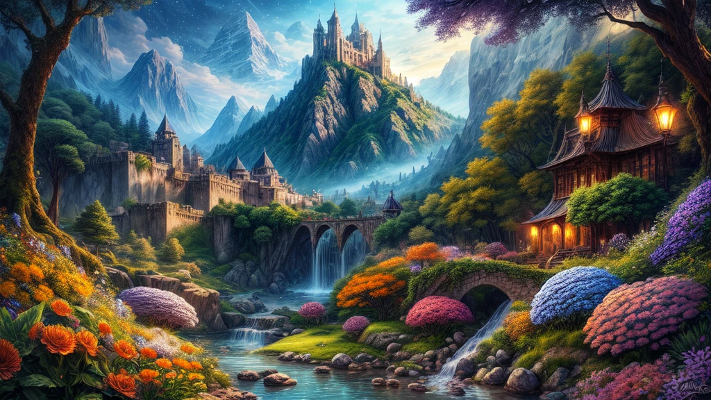masterpiece, Landscape of the best quality, dramatic lighting, intricate details, sharp focus, 16k, professional illustration, tall and bright flowers, Bright orange magical forest, waterfall, shining stream, fancy, starry Night, dusty rays of light, illuminated mountains in the background, castillo medieval (Full view) advntr 