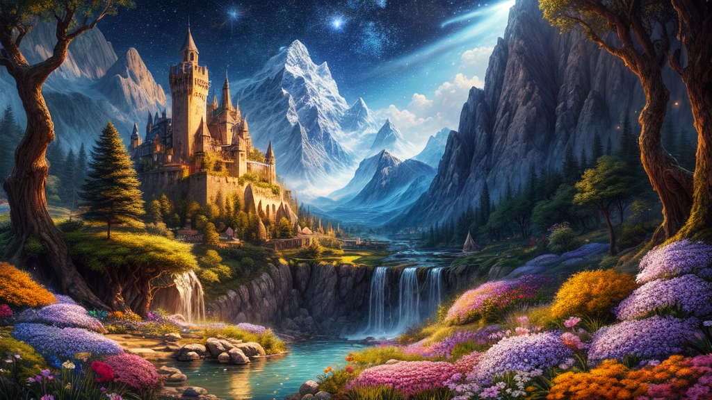 masterpiece, Landscape of the best quality, dramatic lighting, intricate details, sharp focus, 16k, professional illustration, tall and bright flowers, Bright orange magical forest, waterfall, shining stream, fancy, starry Night, dusty rays of light, illuminated mountains in the background, castillo medieval (Full view) advntr