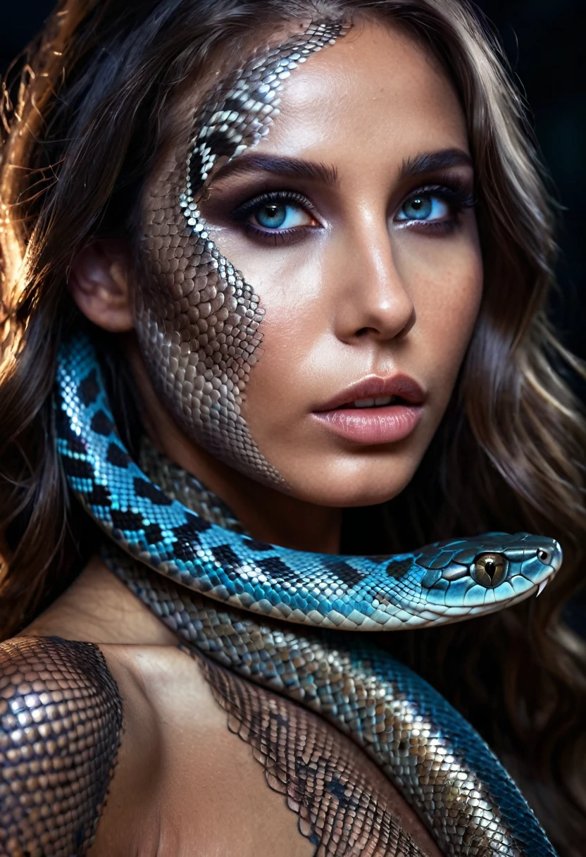 a beautiful woman with snake-like scales on her skin, detailed face, beautiful eyes, long hair, intricate snake-like patterns on her skin, fantasy, magical, dark fantasy, cinematic lighting, hyper realistic, 8k, masterpiece, photorealistic, dramatic lighting, moody atmosphere