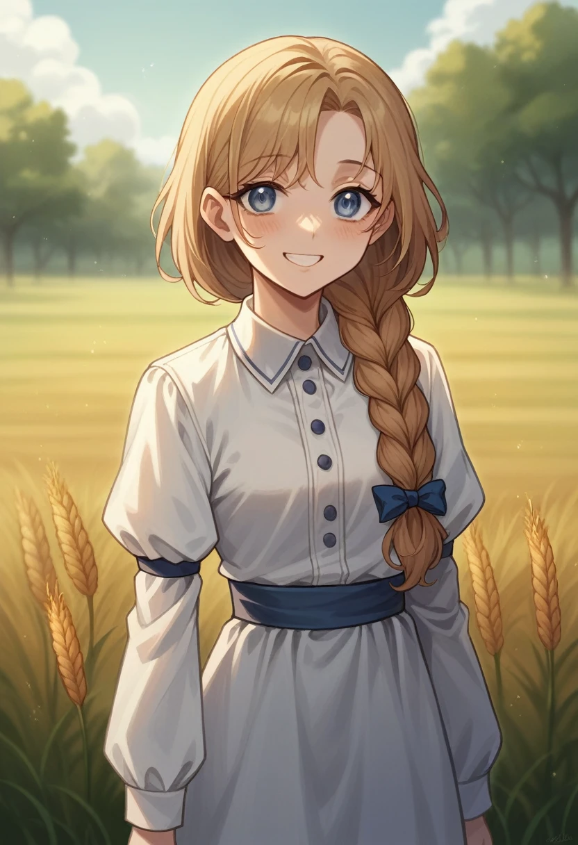 1girl, 20 years old, tall and attractive, wearing a cute country dress, hair braided, standing in a rustic farm setting. She has a soft, gentle smile and expressive eyes. In the background are charming barns, golden wheat fields and clear blue skies. The composition should be bathed in warm golden hour light, with soft depth of field and soft bokeh to accentuate the idyllic tranquility. Capture images as if they were shot on vintage 35mm film for added oomph, filmg,