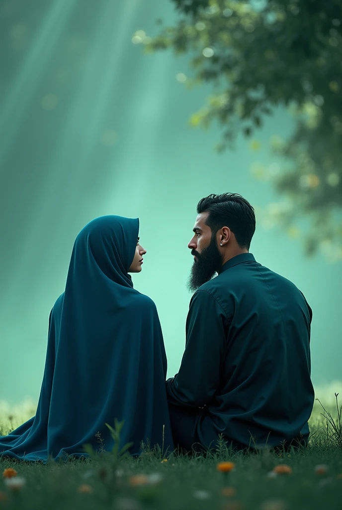 The husband and his wife, muslim family, wife wears hijab, green colour, her cloth is blue, they are sitting and look at each other with tranquility, her husband has a long beard, colour of his hair and beard is blue, they are not near each other, distance between them is enough to not be very close.