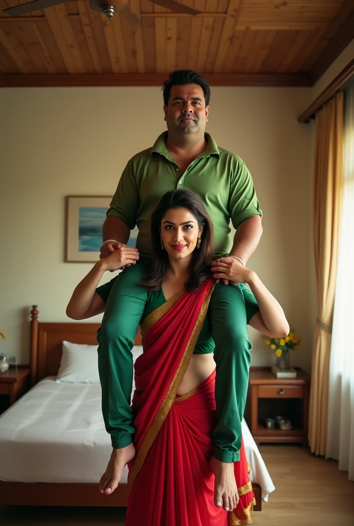 Beautiful and Slim Indian woman Aishwarya Rai in green blouse red saree lifting a large chubby fat man above her shoulders, man is sitting on woman's shoulders, in a bedroom with high ceiling, natural smile, woman is looking into the camera , she is holding his hands, full body image