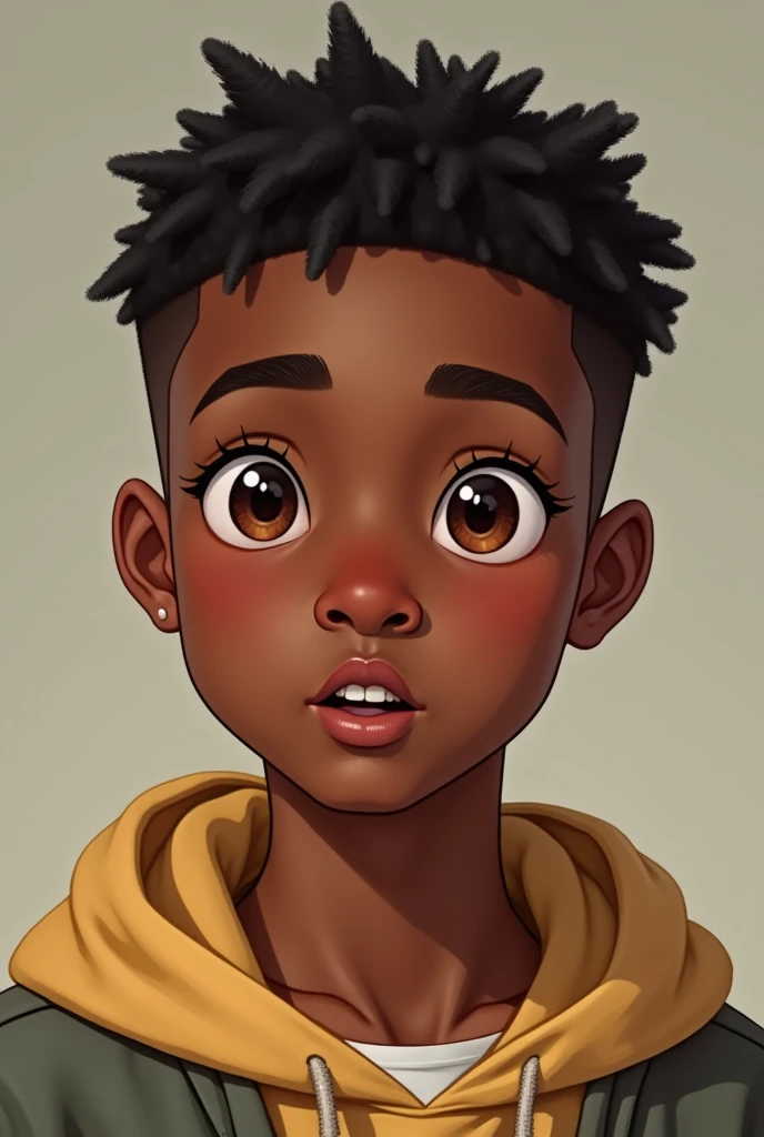 create a 21 year old with light black skin, mid fade haircut, little nose, slightly slanted medium brown eyes, mouth a little big and nose proportional to the face and small ears