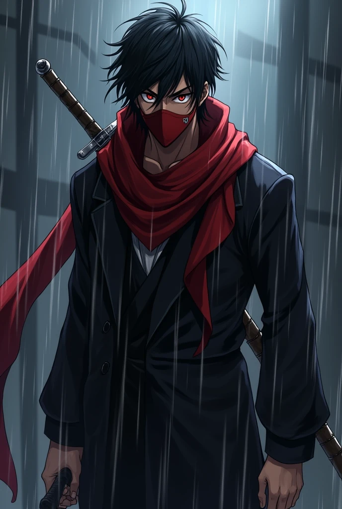 An anime character;
A man with brown skin, Bblack hair, Eyes red, short beard.
Uses a look mixed between ninja and assassin, black color with a long red scarf that at the same time covers his mouth and nose.
holding a dagger.
in an attack pose.
the background on a rainy day at night.