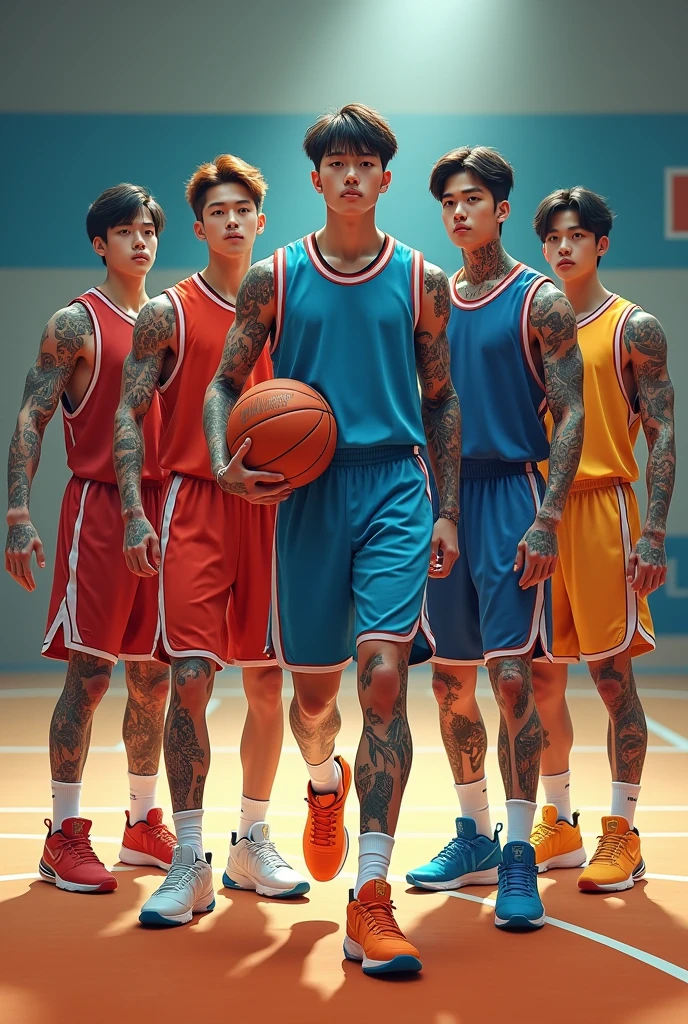 5 basketball players, high school children, full tattoo, wearing beautiful colorful shoes Handsome face like a Korean star