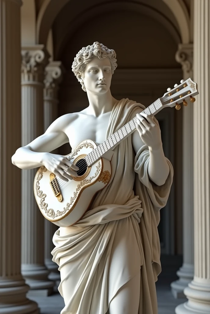 a man-made greek marble statue playing a baroque guitar