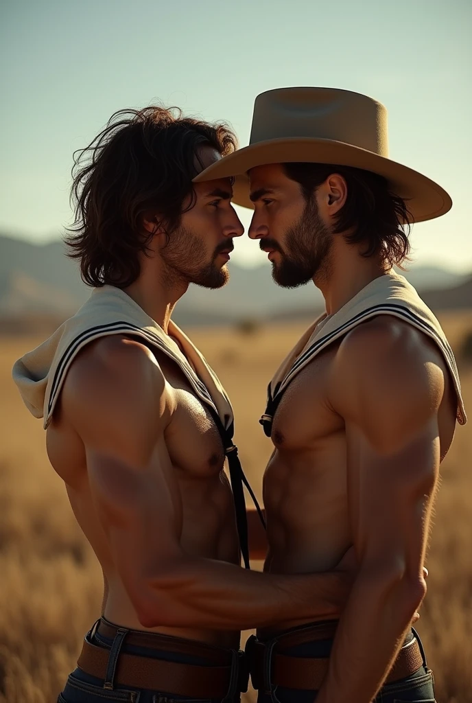 Breakback Mountain, the western United States, the complex relationship between love and sex between two men, Heath Ledger, Jack Glenho, working on the farm, handsome, cowboysexy sailor suit triangle thongs, more details, background scattering 1.8 HD 8k real photos! Sex. Chest muscles! Chest hair! tattoo. white hair Smoke, movie feeling! Movie lights! Award-winning poster Ambiguous and teasing Western cowboy dress up。Close-up multi-angle shooting。The close-up of the protagonist!!!