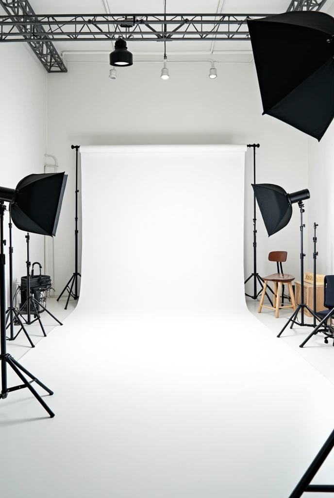 Behind the scenes image of a photography studio without any people, just the image in white. 