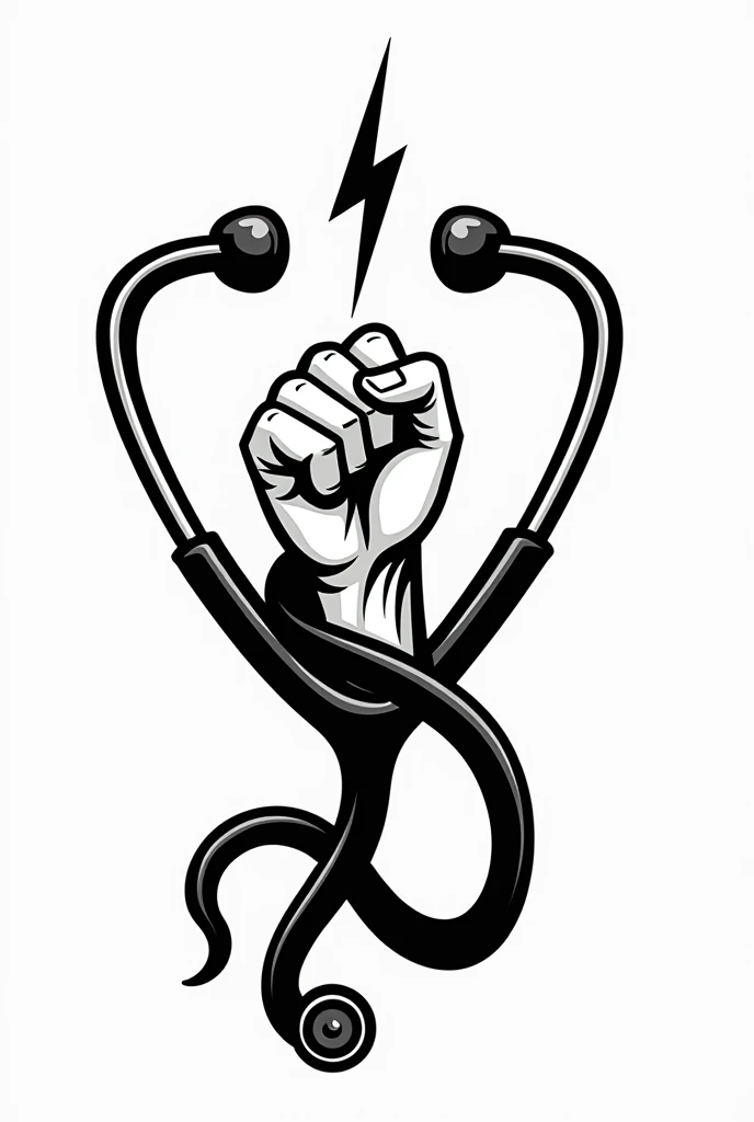   
Create a logo style image for advertising a medical physiotherapy office with a black and white cartoon style of a hand holding a lightning bolt and a snake wrapped around the forearm showing its head next to the hand and all of this surrounded by a stethoscope



