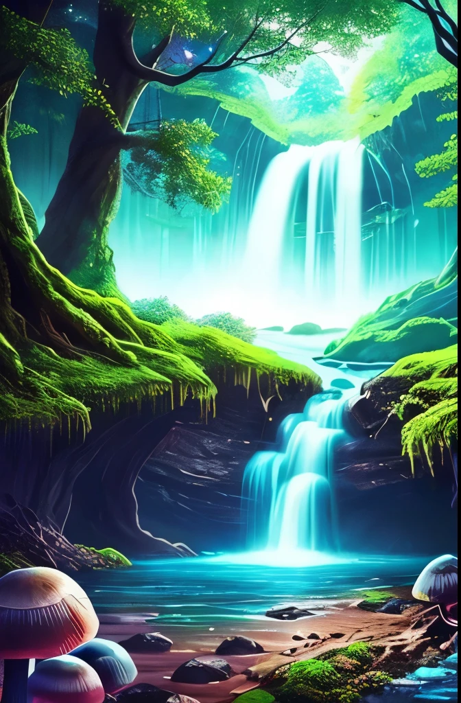 a tree in the middle of a river with a waterfall, beautiful fantasy cave scene, magical cave, magical environment, glowing blue mushrooms in mire, eerie shimmering surroundings, mystical forest lagoon, underwater crystal caverns, enchanting and otherworldly, watery caverns, dark fantasy environment, fantasy atmospheric lighting, beautiful and mysterious, atmospheric fantasy setting, fantasy gorgeous lighting
