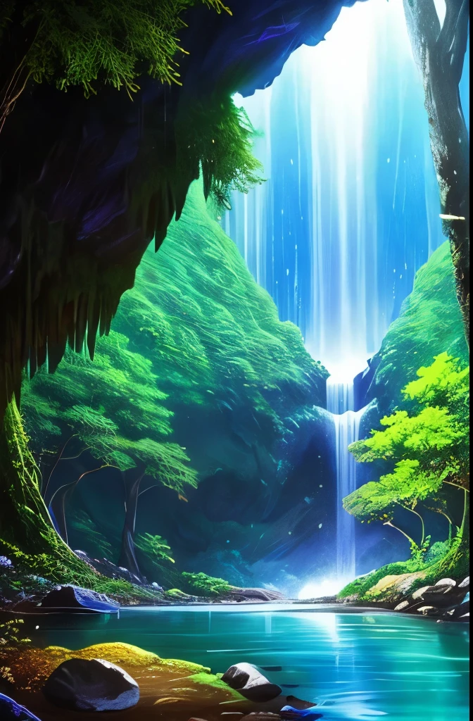 a tree in the middle of a river with a waterfall, beautiful fantasy cave scene, magical cave, magical environment, glowing blue mushrooms in mire, eerie shimmering surroundings, mystical forest lagoon, underwater crystal caverns, enchanting and otherworldly, watery caverns, dark fantasy environment, fantasy atmospheric lighting, beautiful and mysterious, atmospheric fantasy setting, fantasy gorgeous lighting