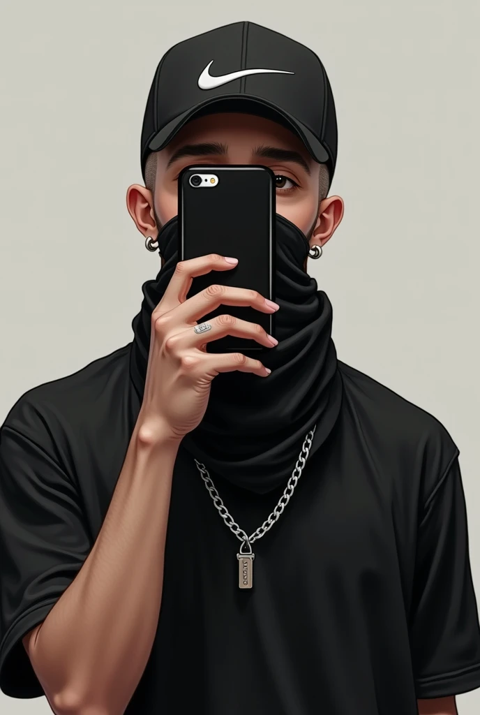 Realistic image of an 18-year-old taking a selfie with a cell phone, white skin tone, black shirt, silver chain, black nike brand cap all black curved brim, big black bandana around throat. shaven hair, and the cell phone covering the face. fully body.