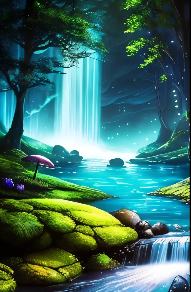 a tree in the middle of a river with a waterfall, beautiful fantasy cave scene, magical cave, magical environment, glowing blue mushrooms in mire, eerie shimmering surroundings, mystical forest lagoon, underwater crystal caverns, enchanting and otherworldly, watery caverns, dark fantasy environment, fantasy atmospheric lighting, beautiful and mysterious, atmospheric fantasy setting, fantasy gorgeous lighting