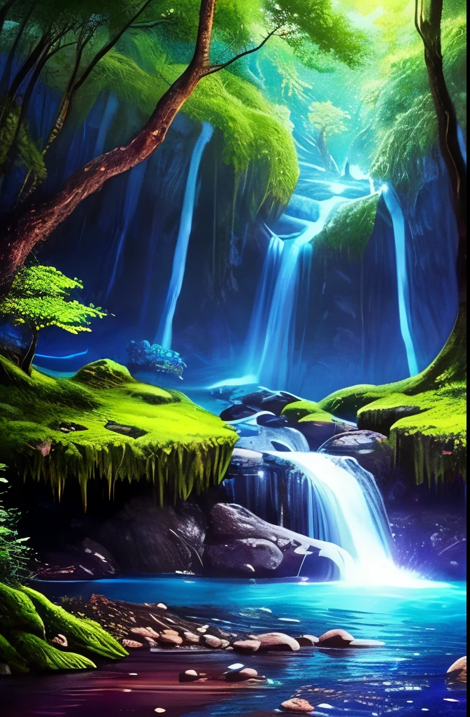 a tree in the middle of a river with a waterfall, beautiful fantasy cave scene, magical cave, magical environment, glowing blue mushrooms in mire, eerie shimmering surroundings, mystical forest lagoon, underwater crystal caverns, enchanting and otherworldly, watery caverns, dark fantasy environment, fantasy atmospheric lighting, beautiful and mysterious, atmospheric fantasy setting, fantasy gorgeous lighting