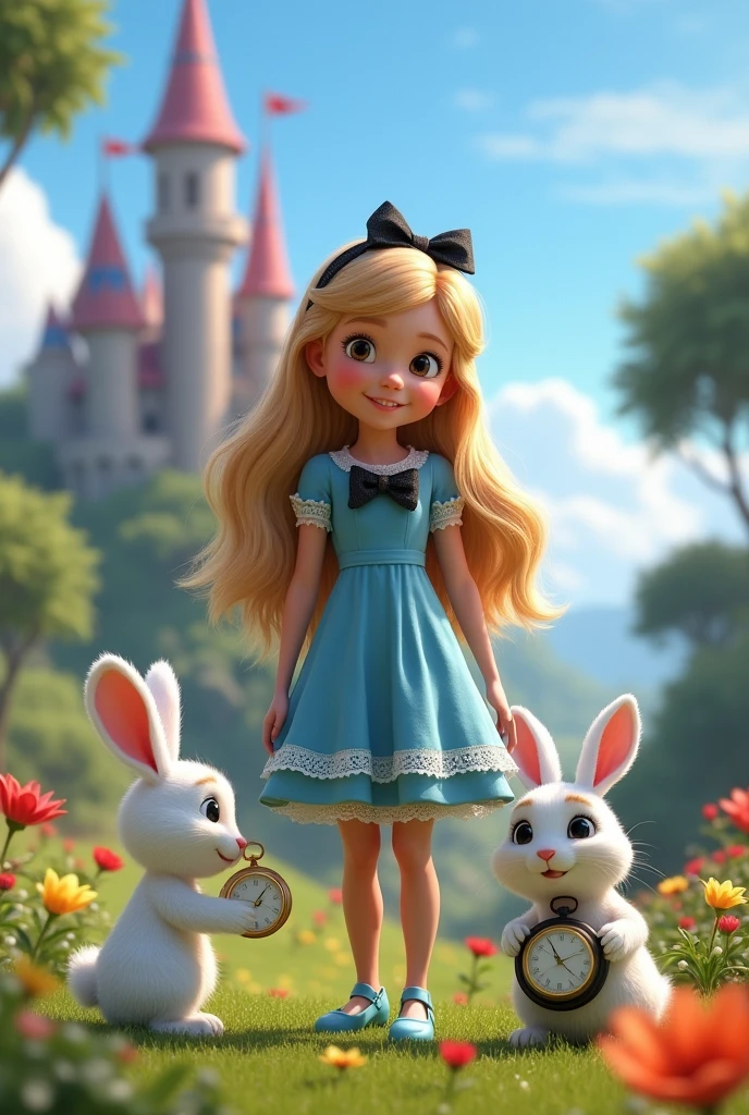 The image features a child character with long, blonde hair., wearing a blue dress with white details and a black bow. She is standing next to a white rabbit holding a clock.. The character shows off her blue shoes, that complement your outfit. Ao fundo, there is an enchanted castle with towers and flags, set in a lush green environment with flowers. The scene conveys a magical and playful atmosphere, typical of fairy tales. Real 3d pixar image