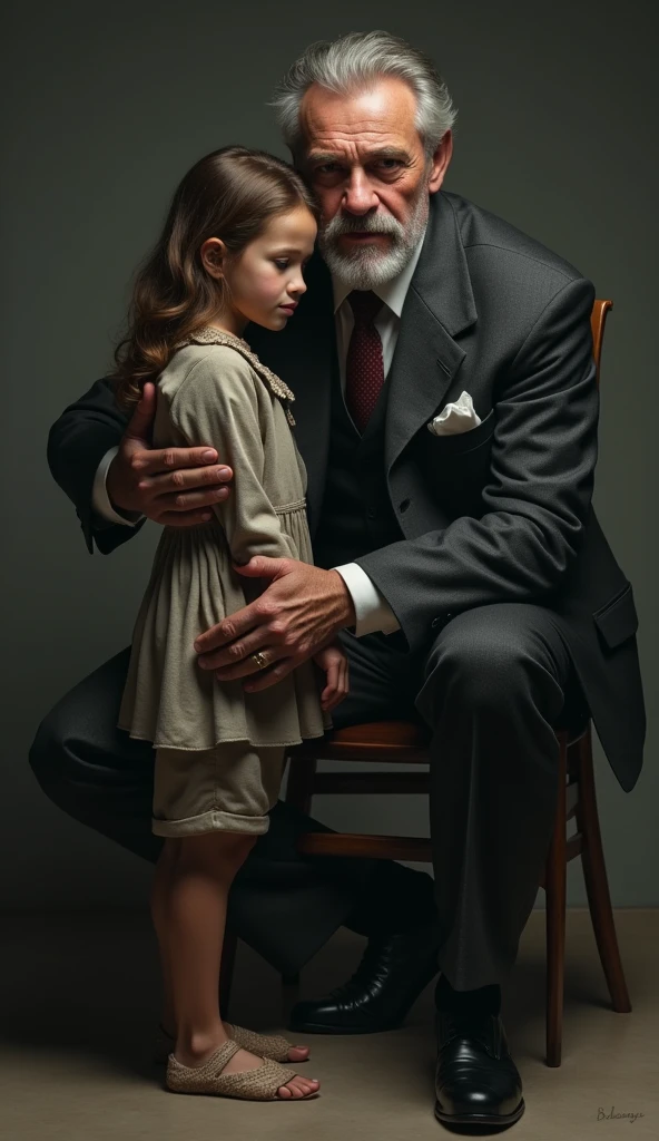 Victor is a tall, middle-aged man in his late 40s, always dressed in luxurious garments. His tailored suits are made of fine fabrics, and he often wears a gold ring to symbolize his success. He has a neatly trimmed beard and a stern, serious expression, with sharp eyes that are always calculating and Lily is a young girl, around 10, with a delicate and innocent look. Her long, unkempt brown hair frames her face, and she’s dressed in simple, worn clothes. She’s often barefoot, showing signs of her impoverished life, but her bright smile and sparkling eyes are her most striking features, radiating warmth despite her circumstances. Victor scoffed and tossed her a gold coin.