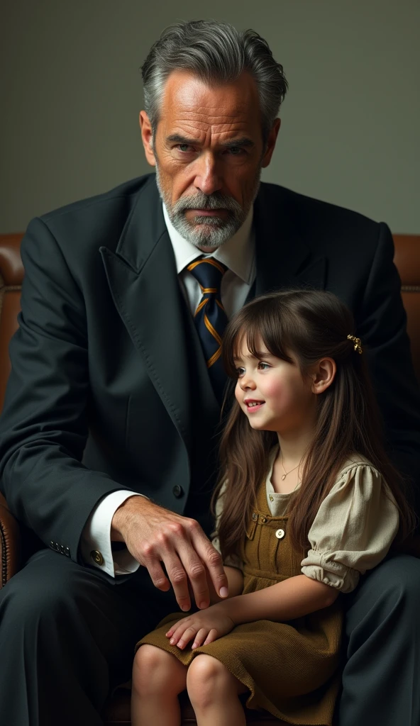 Victor is a tall, middle-aged man in his late 40s, always dressed in luxurious garments. His tailored suits are made of fine fabrics, and he often wears a gold ring to symbolize his success. He has a neatly trimmed beard and a stern, serious expression, with sharp eyes that are always calculating and Lily is a young girl, around 10, with a delicate and innocent look. Her long, unkempt brown hair frames her face, and she’s dressed in simple, worn clothes. She’s often barefoot, showing signs of her impoverished life, but her bright smile and sparkling eyes are her most striking features, radiating warmth despite her circumstances. Victor scoffed and tossed her a gold coin.