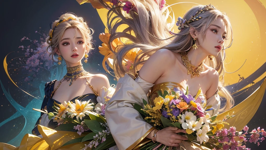 32K, 最高quality, 最高masterpiece, (ultra-Detailed Background, Detailed Background), High resolution, Super detailed, Very detailedな, 1 personの, (bouquet:1.3), (Tangled:1.2), (Geometric:1.2),(colorful),(masterpiece, quality, best quality, Official Art, Beautiful and beautiful:1.2), (1 person:1.3), Very detailed,(colorful:1.1)(Flowers:1.3),Most detailed,(Tangled:1.2), whole body, (Abstract background:1.3), (Skin glows), (Many colors:1.4), ,(Earrings Jewelry:1.5), Pale yellow background, It's imaginative., Milk tea colored hair, Updo,