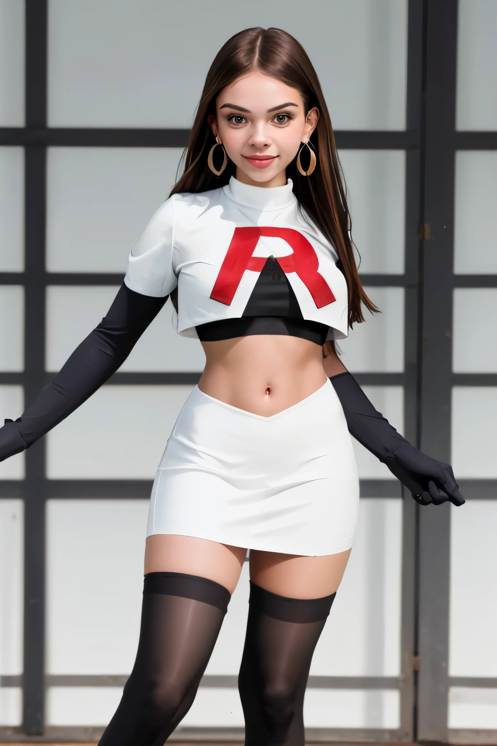 The face of Olivia Rodrigo, 1girl, solo, team rocket,team rocket uniform,white skirt,red letter R,crop top,black thigh-highs,black elbow gloves, earrings, large breasts, 