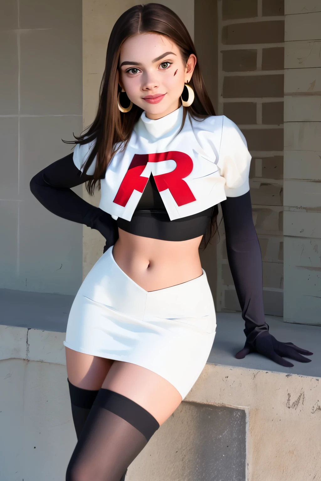 The face of Olivia Rodrigo, 1girl, solo, team rocket,team rocket uniform,white skirt,red letter R,crop top,black thigh-highs,black elbow gloves, earrings, large breasts,