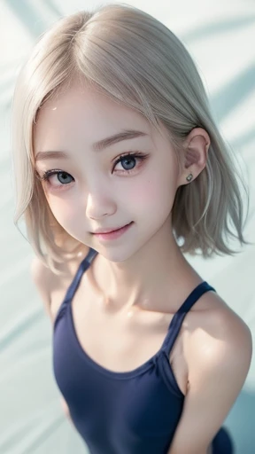 ((sfw:1.5)),((sfw:1.5)),((sfw:1.5)),((sfw:1.5)),((sfw:1.5)),((sfw:1.5)),((sfw:1.5)),((sfw:1.5)),((from above:1.5)),((Upper Body:1.5)) Korean Asian ager Photos、((Beautiful and cute idol girl:1.5))、Platinum Blonde Hair、11yoarrow small eyes:1.2))、Thin face、Thin neck、((Slim body)),((skinny):1.5),((Flat chest:1.5)),((clavicle)),((Narrow eyes:1.5))、(Thin arms)、(Thin neck)、(Thin lips)、A small smile、Thin arms、(Dark blue school swimsuit:1.5),((beautifulr detail eye:1.5)),((littlesmile)),((I woke up to love:1.3))、nomakeface,(A happy and joyful expression)、A little muscular