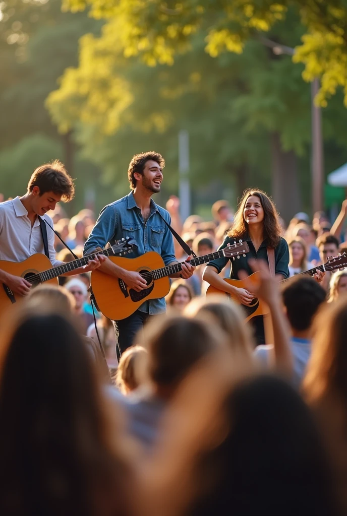 Photo from the audience Christian music performance Christian music group Various instruments Young musicians High image quality Outdoors 2 people from the audience have their hands raised At 11am In a park Musicians slightly out of focus Slight focus on the audience 
