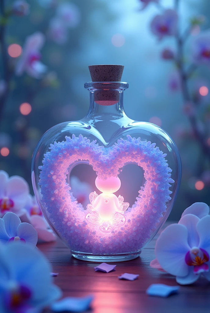 An incredibly detailed and captivating 3D rendering of an enchanting scene featuring a sitting in a Heart bottle emitting a mesmerizing light, and exotic blue orchids gently enveloping it, adding a touch of fantasy to the enchanting atmosphere. The entire scene is skillfully crafted with pastel tones, subtle gradients, and neon lighting, creating an immersive INA 4D visual experience. This intricate and visually stunning masterpiece, inspired by anime and illustration styles, is perfect for a variety of artistic mediums, including film, fashion, typography, 3D rendering, photography, and other creative endeavors., illustration, anime, fashion, 3D rendering, photo, typography