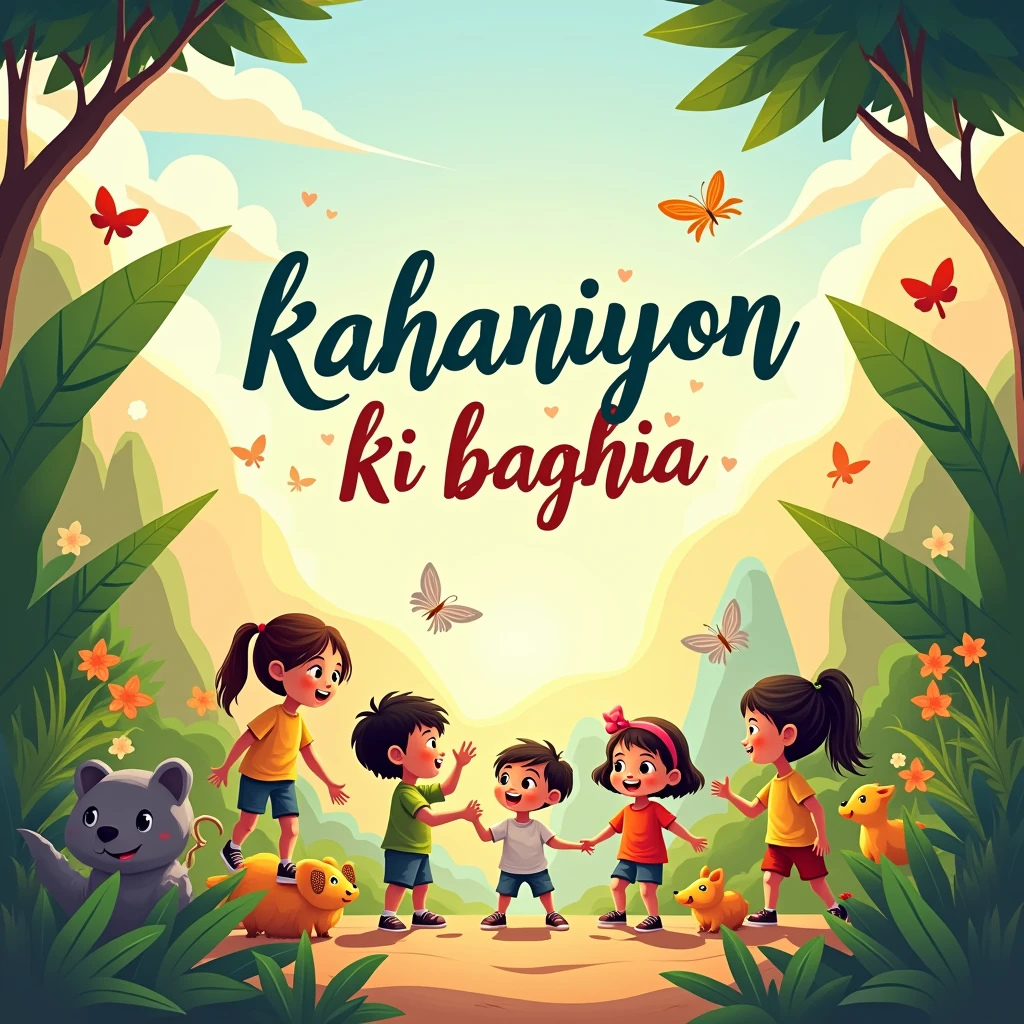 Create an cartoon image of some children some birds some animal and colourful background and in center of image write kahaniyon ki baghia write it in very creative way