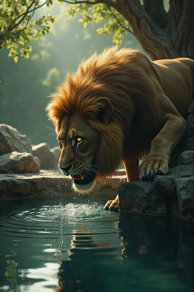 Narrator:
"But the lion’s own roar echoed back at him. Enraged, he jumped into the well to fight his rival but was met only with cold, deep water."