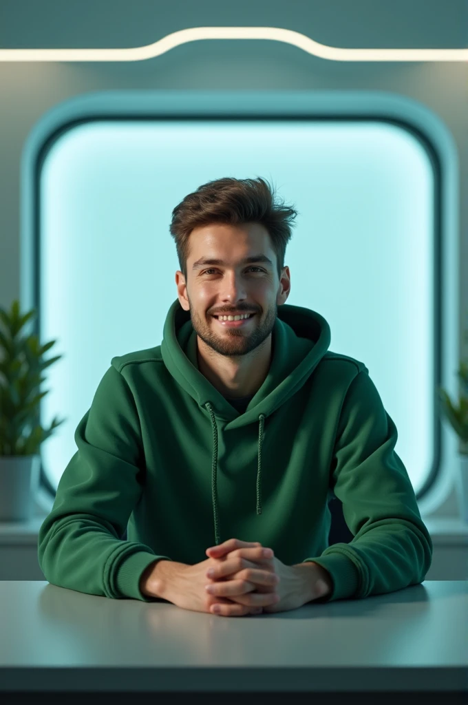 (I strongly recommend you edit this prompt to get better result.) a 25-year-old friendly-looking man sitting behind a desk in a futuristic studio, wearing a green hoodie. window background, smooth, soft, ultra-sharp, detailed, looking straight forward, centered in the image, straight, front-facing a camera.