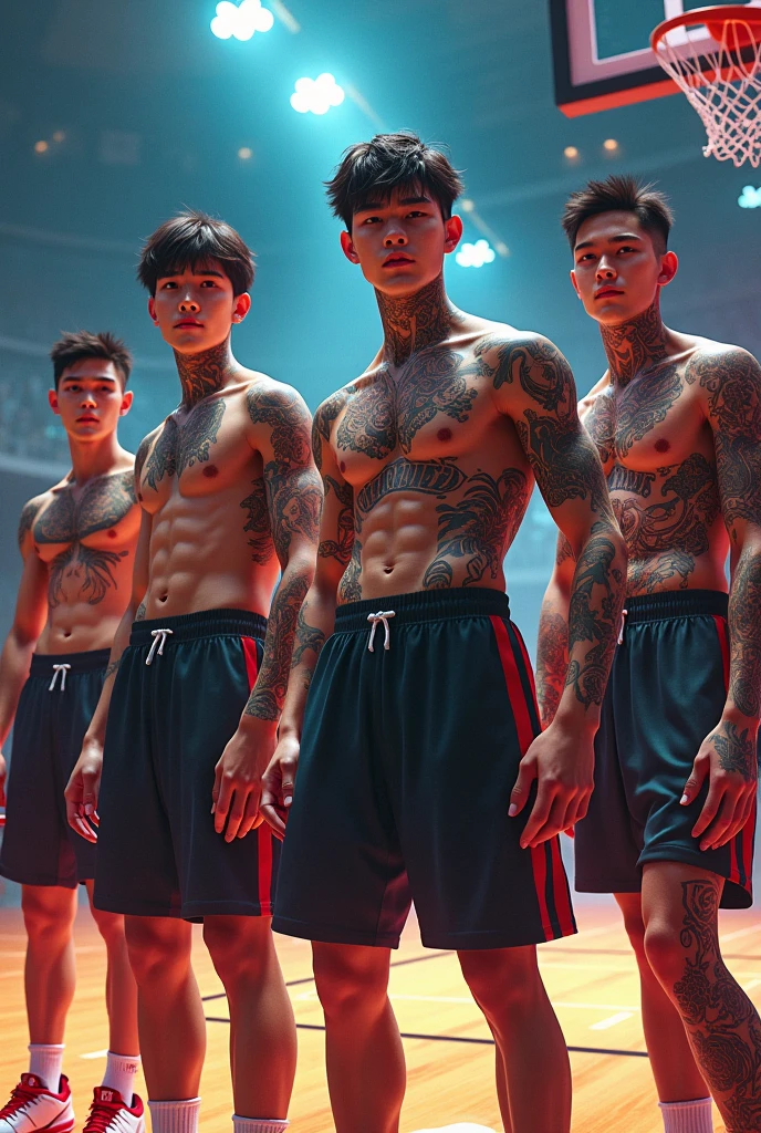 5 basketball players in same team, high school children, full tattoo, wearing beautiful colorful shoes Handsome face like a Korean star