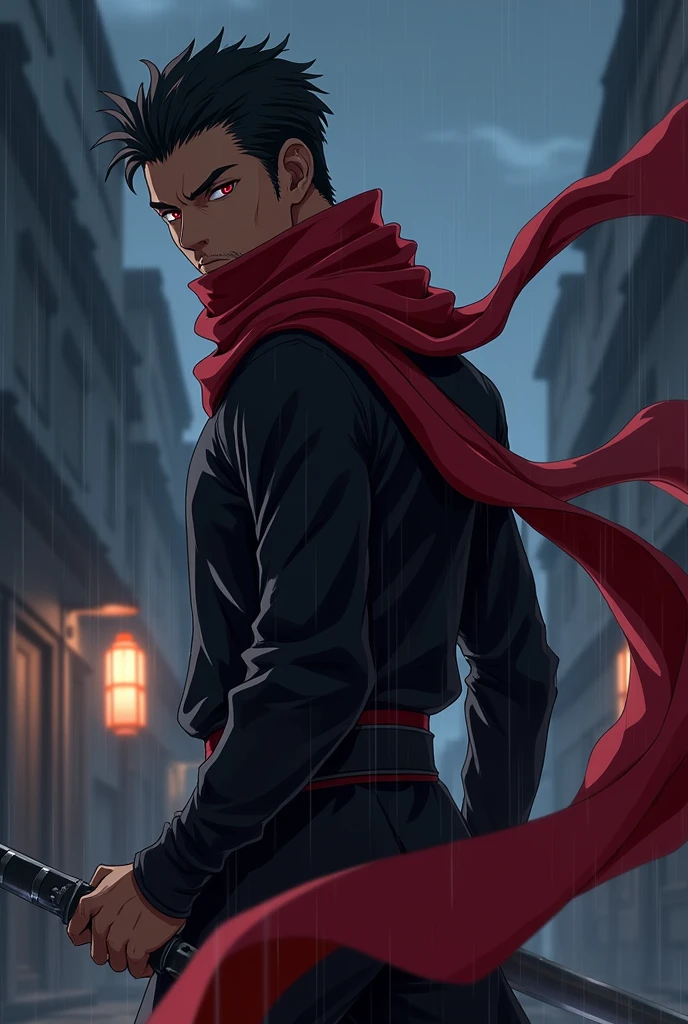 An anime character;
A man with brown skin, Bblack hair, Eyes red, short beard.
Uses a look mixed between ninja and assassin, black color with a long red scarf that at the same time covers his mouth and nose.
holding a knife.
in an attack pose.
the background on a rainy day at night.