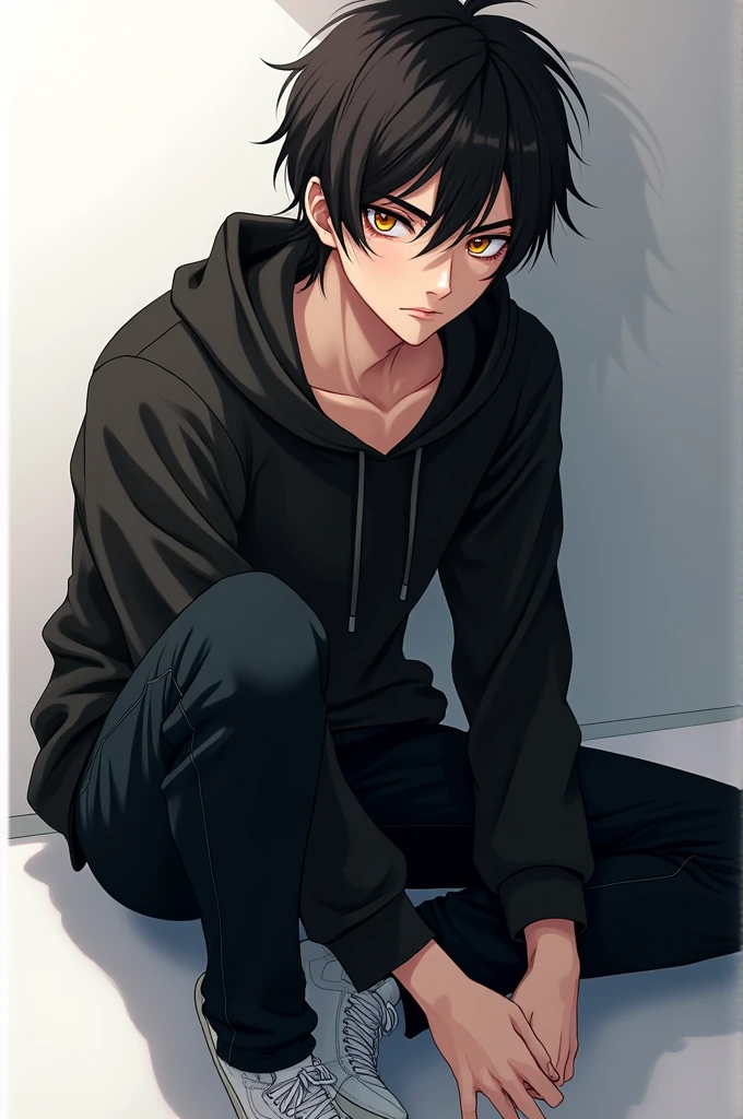 Anime handsome boy black hoodie black pant white sneakers little scratch in face yellow eye