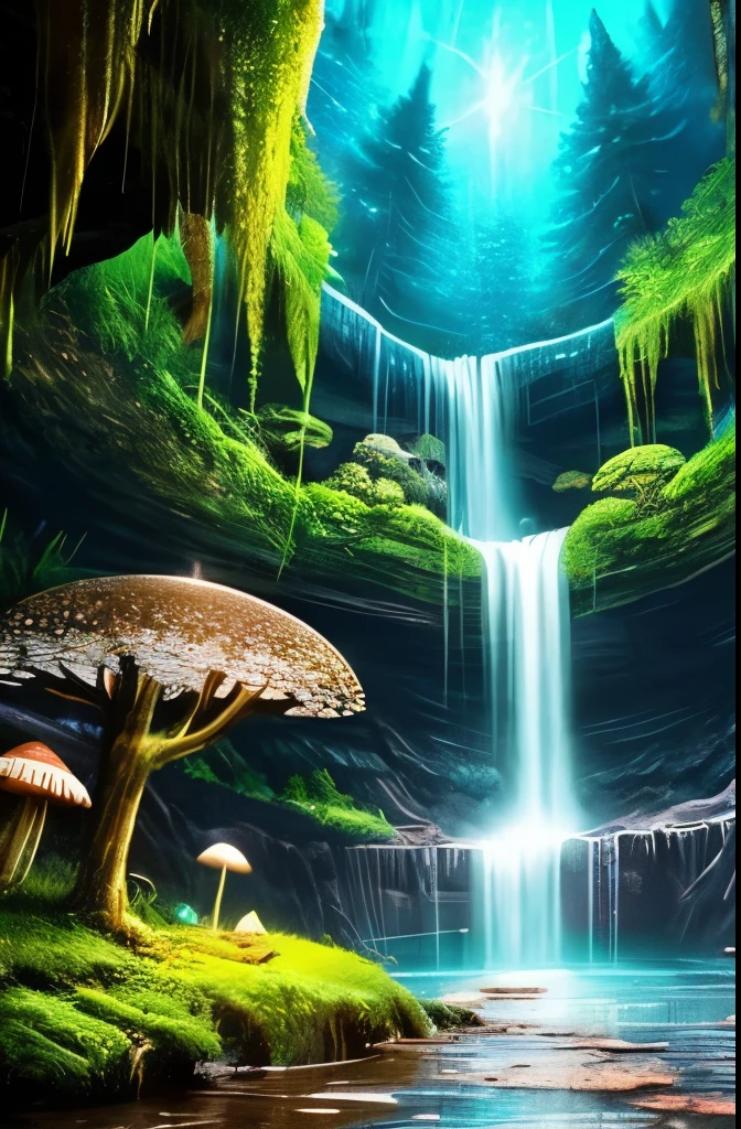 a tree in the middle of a river with a waterfall, beautiful fantasy cave scene, magical cave, magical environment, glowing blue mushrooms in mire, eerie shimmering surroundings, mystical forest lagoon, underwater crystal caverns, enchanting and otherworldly, watery caverns, dark fantasy environment, fantasy atmospheric lighting, beautiful and mysterious, atmospheric fantasy setting, fantasy gorgeous lighting