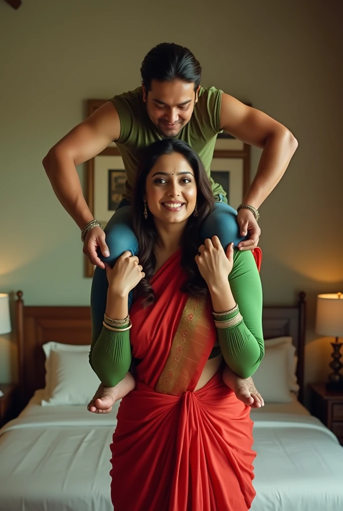 Beautiful and Slim Indian woman Aishwarya Rai in green blouse red saree lifting a large chubby fat man above her shoulders, man is sitting on woman's shoulders, in a bedroom with high ceiling, natural smile, woman is looking into the camera , she is holding his hands, full body image 