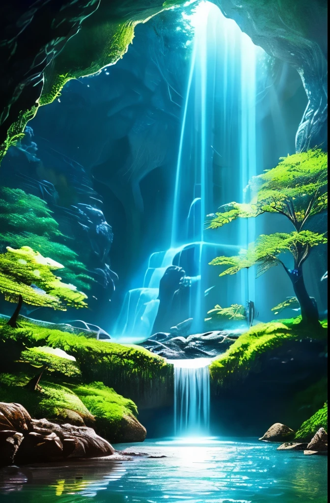 a tree in the middle of a river with a waterfall, beautiful fantasy cave scene, magical cave, magical environment, glowing blue mushrooms in mire, eerie shimmering surroundings, mystical forest lagoon, underwater crystal caverns, enchanting and otherworldly, watery caverns, dark fantasy environment, fantasy atmospheric lighting, beautiful and mysterious, atmospheric fantasy setting, fantasy gorgeous lighting
