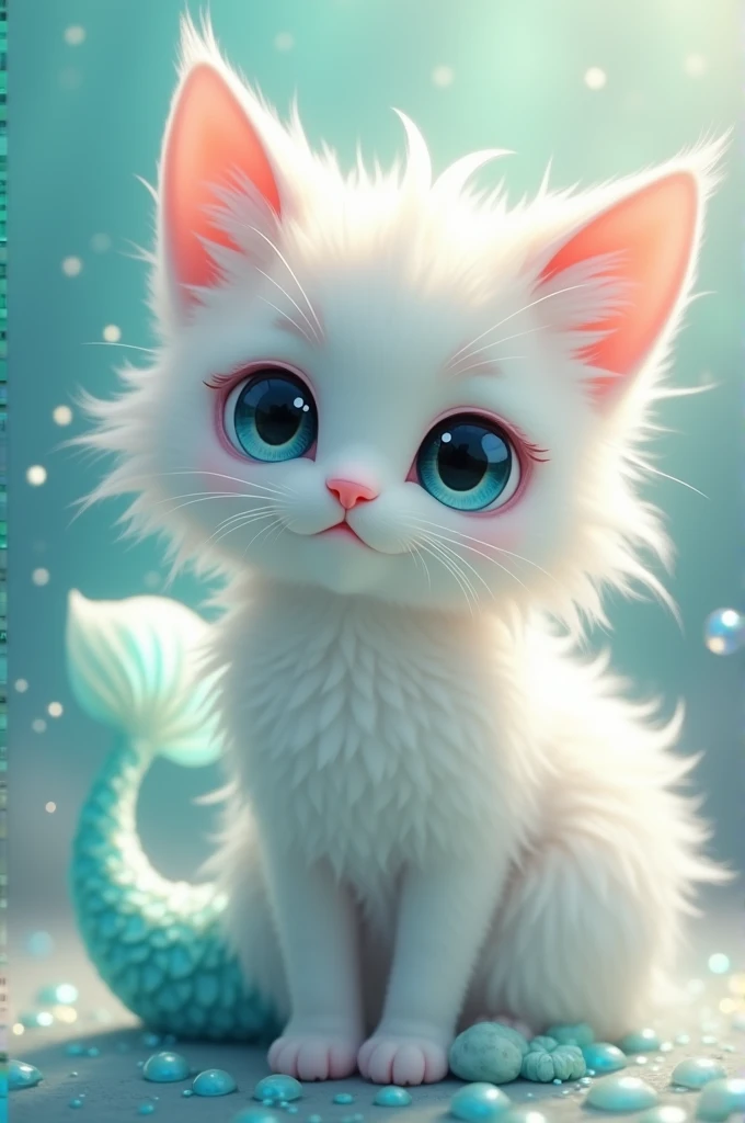 A white cat with a mermaid tail and big eyes is so cute.