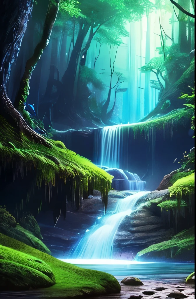 a tree in the middle of a river with a waterfall, beautiful fantasy cave scene, magical cave, magical environment, glowing blue mushrooms in mire, eerie shimmering surroundings, mystical forest lagoon, underwater crystal caverns, enchanting and otherworldly, watery caverns, dark fantasy environment, fantasy atmospheric lighting, beautiful and mysterious, atmospheric fantasy setting, fantasy gorgeous lighting