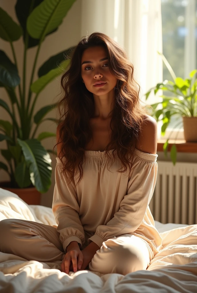 (photorealism:1.2), beautiful woman, sitting on bed, wearing loose off-shoulder top, pajama pants, long curly hair, indoors, soft lighting, plants in background, window with sunlight, cozy room, relaxed pose, realistic, intricate details, warm colors, by Greg Rutkowski, by Alphonse Mucha