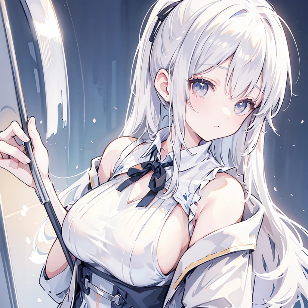 ,white hair,High double ponytail,spaghetti strap vest,Breasts exposed from the side of clothes,Showing chest,Large Breasts,home