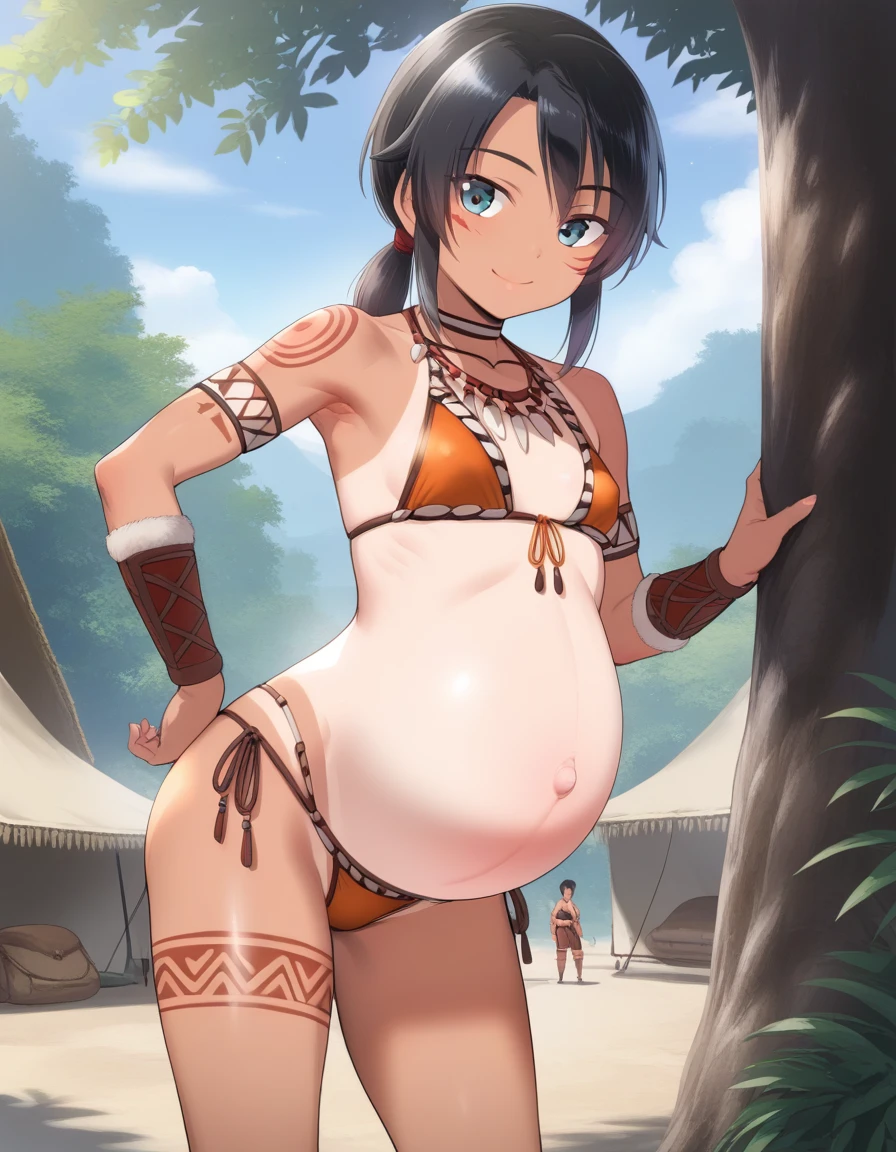1girl, solo, multiple colored hairs, smile, leaning forward, outside, posing, background, amazon warrior outfit, ponytail, (frontal view), front, face to face, front view, , (tomboy), black hair, slender, pert ass, high details, sharp detailed face, detailed eyes, young, long and wild amazon hair, amazon, long hair, tattoo, tanned, in a tribal village with leaf huts and tents, very small breasts, fur, revealing amazon outfit, ikuchan, thong, pregnant, pregnancy, pregnant belly.