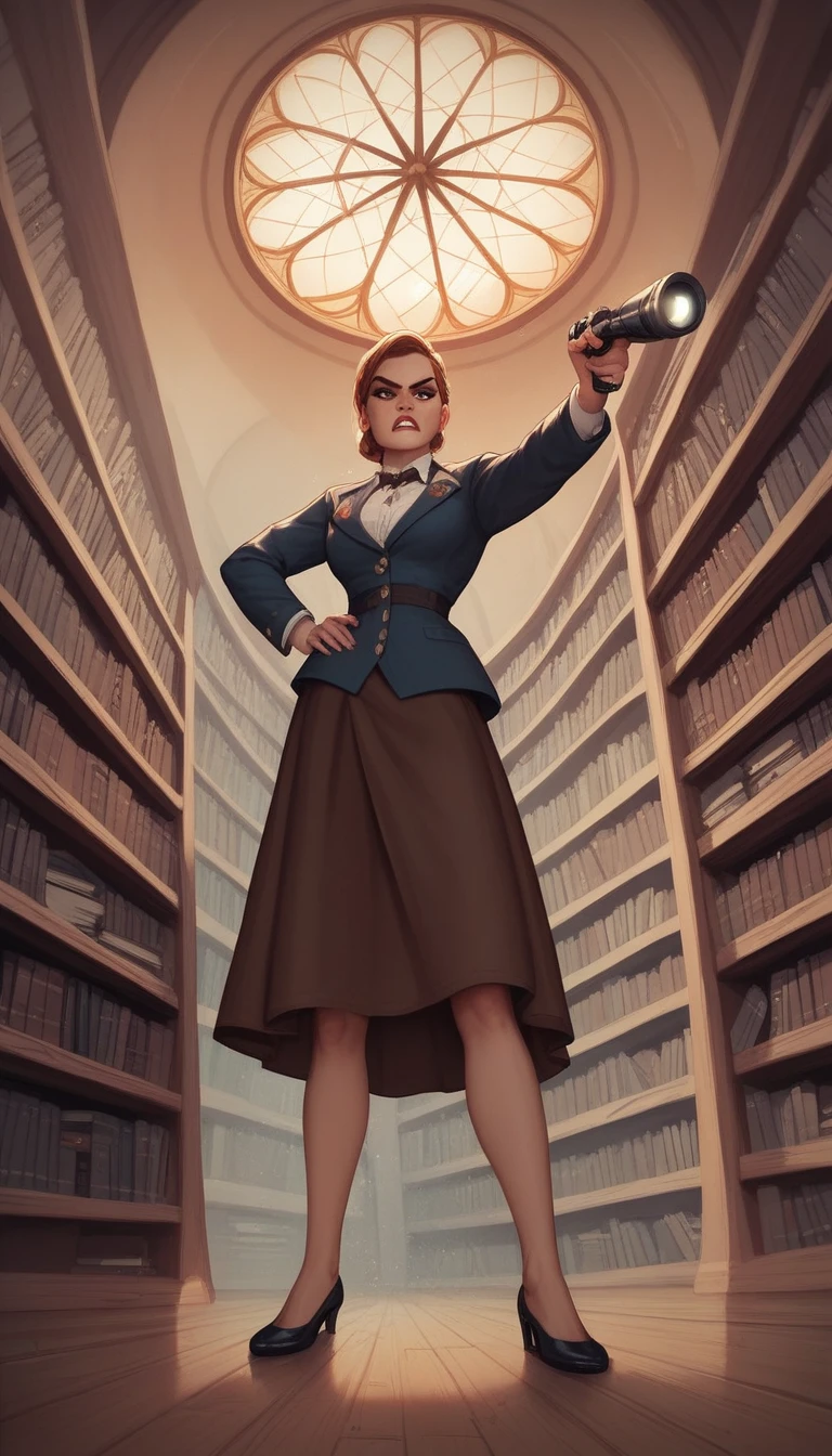 "A determined female student, dressed in modern attire, stands at the entrance of the old library at night, holding a flashlight. The color grade is a mix of warm and cool tones, contrasting the cold, eerie library with the warm, determined light from her flashlight. The camera starts with a low-angle shot, moving upwards to capture her face, filled with curiosity. The background is dark and foreboding, with the library's towering structure looming over her. The atmosphere is tense, with the student's shadow long and stretched across the ground. She is about to step inside."