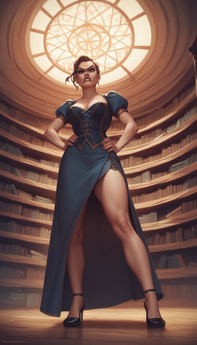 "A determined female student, dressed in modern attire, stands at the entrance of the old library at night, holding a flashlight. The color grade is a mix of warm and cool tones, contrasting the cold, eerie library with the warm, determined light from her flashlight. The camera starts with a low-angle shot, moving upwards to capture her face, filled with curiosity. The background is dark and foreboding, with the library's towering structure looming over her. The atmosphere is tense, with the student's shadow long and stretched across the ground. She is about to step inside."