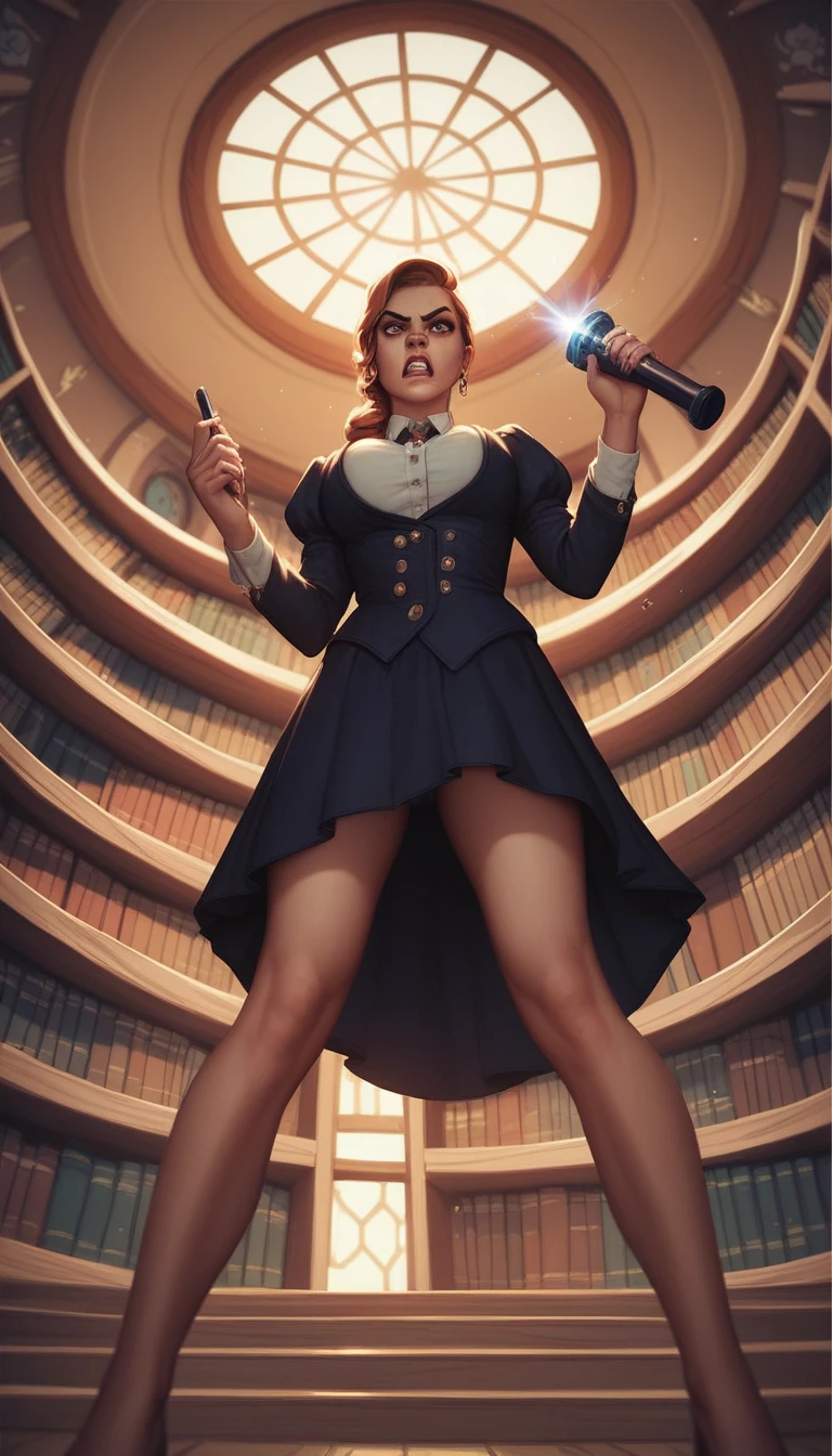 "A determined female student, dressed in modern attire, stands at the entrance of the old library at night, holding a flashlight. The color grade is a mix of warm and cool tones, contrasting the cold, eerie library with the warm, determined light from her flashlight. The camera starts with a low-angle shot, moving upwards to capture her face, filled with curiosity. The background is dark and foreboding, with the library's towering structure looming over her. The atmosphere is tense, with the student's shadow long and stretched across the ground. She is about to step inside."