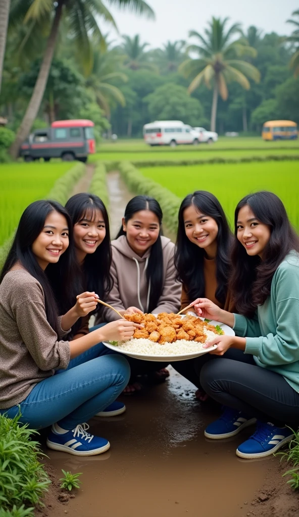 5 beautiful Indonesian women, slightly fat body, white skin, long wavy hair, big nose, wearing a hoodie, trousers, wearing blue sneakers, all faces facing the front camera, sitting in the middle of the muddy rice fields, while eating a large plate of side dish rice fried chicken, lots of vehicles, minimal defects, very detailed, realistic