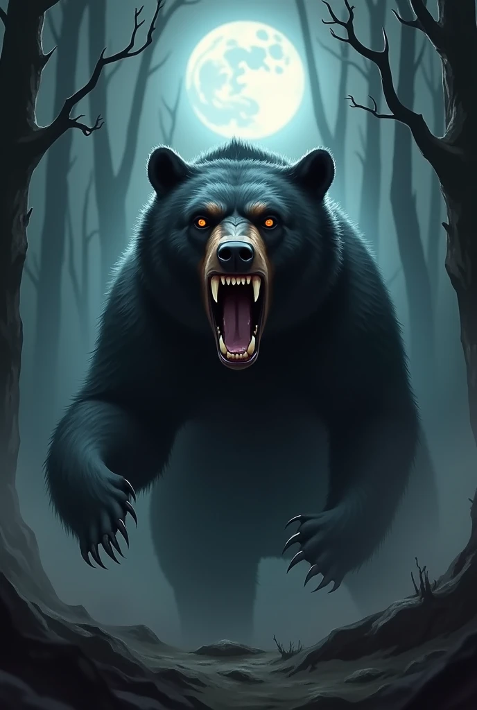 Realistic image of a black bear and very scary and sharp fanged like it is about to attack and focus on the front and surroundings such as the forest and the background such as dark trees and a full moon. and has a smooth texture, and a hungry condition like hunger and also scary like the smoke billowing below